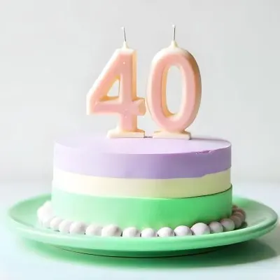 A Birthday Cake With Pastel Colors And Number 40 Candles On A Green Plate Light Purple And Green Frosting Plain White Background 19 2739