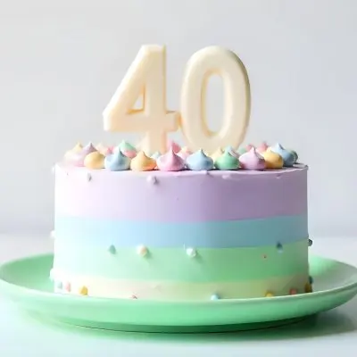 A Birthday Cake With Pastel Colors And Number 40 Candles On A Green Plate Light Purple And Green Frosting Plain White Background 2 0750