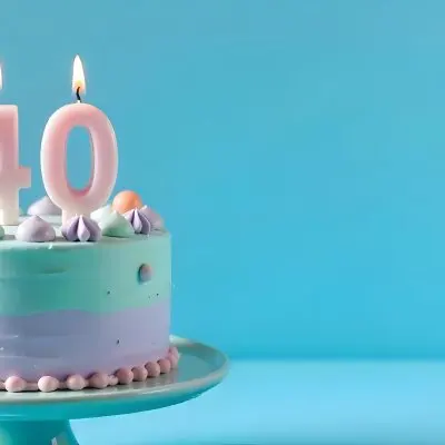 A Birthday Cake With Pastel Colors And Number 40 Candles On A Green Plate Light Purple And Green Frosting Plain White Background 21 93b7