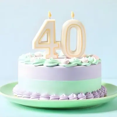 A Birthday Cake With Pastel Colors And Number 40 Candles On A Green Plate Light Purple And Green Frosting Plain White Background 3 1e57