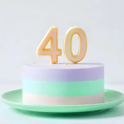 A Birthday Cake With Pastel Colors And Number 40 Candles On A Green Plate Light Purple And Green Frosting Plain White Background 6 C890