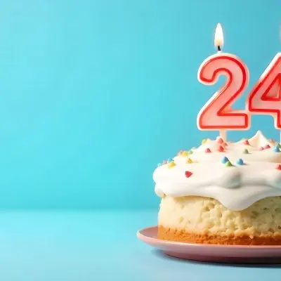 A Birthday Cake With White Frosting And A Candle In The Shape Of The Number 24 Light Blue Background 18 8cbc