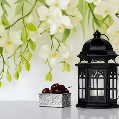 A Black Lantern And A Silver Box With Dates On A White Table White Orchids With Green Stems In The Background 1 89db