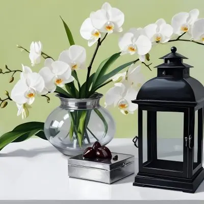 A Black Lantern And A Silver Box With Dates On A White Table White Orchids With Green Stems In The Background 10 7038