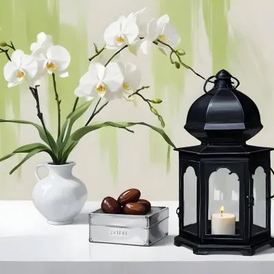 A Black Lantern And A Silver Box With Dates On A White Table White Orchids With Green Stems In The Background 11 7a16