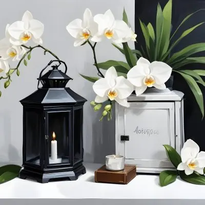 A Black Lantern And A Silver Box With Dates On A White Table White Orchids With Green Stems In The Background 12 9123