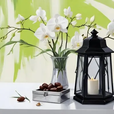 A Black Lantern And A Silver Box With Dates On A White Table White Orchids With Green Stems In The Background 15 20dd
