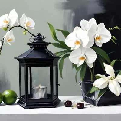 A Black Lantern And A Silver Box With Dates On A White Table White Orchids With Green Stems In The Background 16 2970