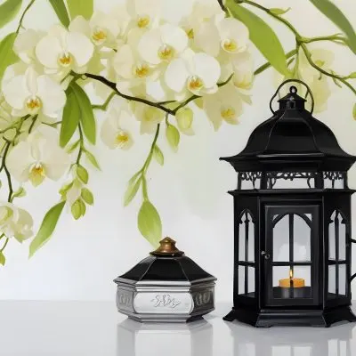 A Black Lantern And A Silver Box With Dates On A White Table White Orchids With Green Stems In The Background 17 C2a6