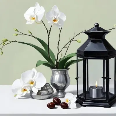 A Black Lantern And A Silver Box With Dates On A White Table White Orchids With Green Stems In The Background 18 C808