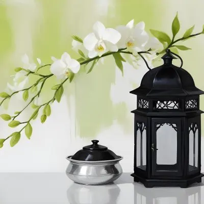 A Black Lantern And A Silver Box With Dates On A White Table White Orchids With Green Stems In The Background 22 9638
