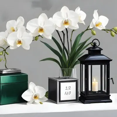A Black Lantern And A Silver Box With Dates On A White Table White Orchids With Green Stems In The Background 4 Aa81