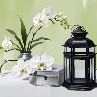 A Black Lantern And A Silver Box With Dates On A White Table White Orchids With Green Stems In The Background 7 9ef7