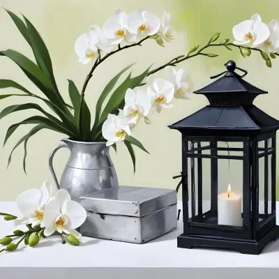 A Black Lantern And A Silver Box With Dates On A White Table White Orchids With Green Stems In The Background 8 74c0