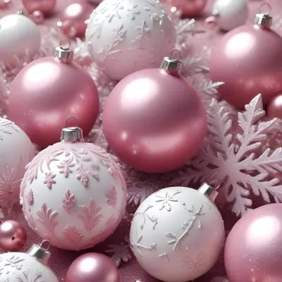 A Close Up Image Of Various Pink And White Christmas Ornaments Or Decorations With Some Glitter Or Frost Like Textures Creating A Festive And Whimsical Holiday Scene 11 E6ec