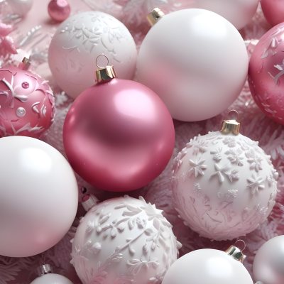 A Close Up Image Of Various Pink And White Christmas Ornaments Or Decorations With Some Glitter Or Frost Like Textures Creating A Festive And Whimsical Holiday Scene 12 E99a