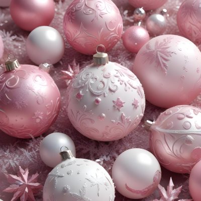A Close Up Image Of Various Pink And White Christmas Ornaments Or Decorations With Some Glitter Or Frost Like Textures Creating A Festive And Whimsical Holiday Scene 13 E93d
