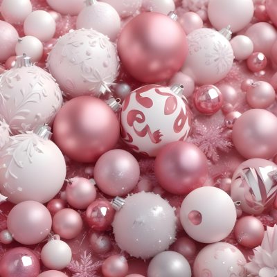 A Close Up Image Of Various Pink And White Christmas Ornaments Or Decorations With Some Glitter Or Frost Like Textures Creating A Festive And Whimsical Holiday Scene 17 353c