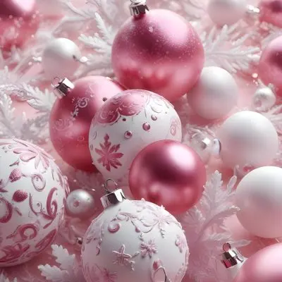A Close Up Image Of Various Pink And White Christmas Ornaments Or Decorations With Some Glitter Or Frost Like Textures Creating A Festive And Whimsical Holiday Scene 18 D70e