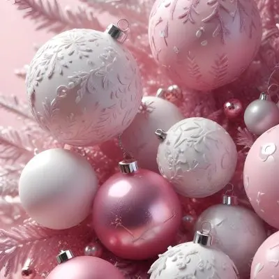 A Close Up Image Of Various Pink And White Christmas Ornaments Or Decorations With Some Glitter Or Frost Like Textures Creating A Festive And Whimsical Holiday Scene 19 6f47