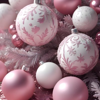 A Close Up Image Of Various Pink And White Christmas Ornaments Or Decorations With Some Glitter Or Frost Like Textures Creating A Festive And Whimsical Holiday Scene 2 B2e6