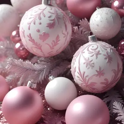 A Close Up Image Of Various Pink And White Christmas Ornaments Or Decorations With Some Glitter Or Frost Like Textures Creating A Festive And Whimsical Holiday Scene 2 B2e6