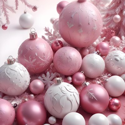 A Close Up Image Of Various Pink And White Christmas Ornaments Or Decorations With Some Glitter Or Frost Like Textures Creating A Festive And Whimsical Holiday Scene 20 2122