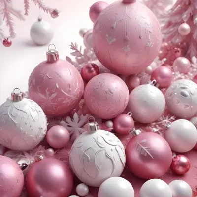 A Close Up Image Of Various Pink And White Christmas Ornaments Or Decorations With Some Glitter Or Frost Like Textures Creating A Festive And Whimsical Holiday Scene 20 2122