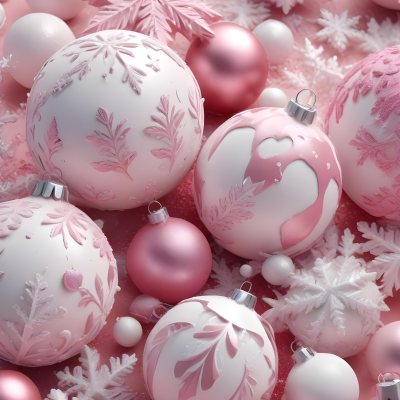 A Close Up Image Of Various Pink And White Christmas Ornaments Or Decorations With Some Glitter Or Frost Like Textures Creating A Festive And Whimsical Holiday Scene 21 Ca11