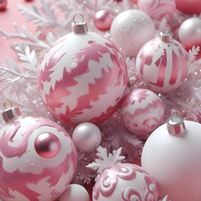 A Close Up Image Of Various Pink And White Christmas Ornaments Or Decorations With Some Glitter Or Frost Like Textures Creating A Festive And Whimsical Holiday Scene 22 1e6a