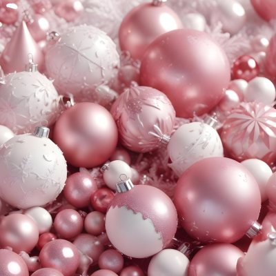 A Close Up Image Of Various Pink And White Christmas Ornaments Or Decorations With Some Glitter Or Frost Like Textures Creating A Festive And Whimsical Holiday Scene 23 65c7