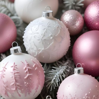 A Close Up Image Of Various Pink And White Christmas Ornaments Or Decorations With Some Glitter Or Frost Like Textures Creating A Festive And Whimsical Holiday Scene 24 7b4a