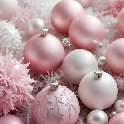 A Close Up Image Of Various Pink And White Christmas Ornaments Or Decorations With Some Glitter Or Frost Like Textures Creating A Festive And Whimsical Holiday Scene 25 0958