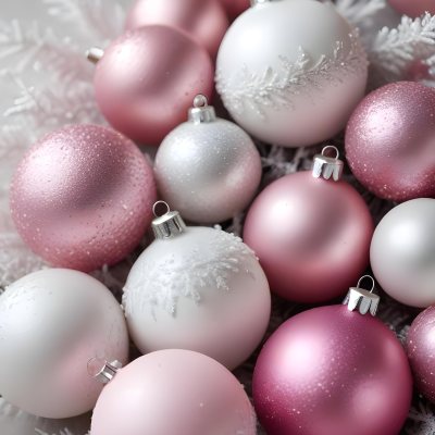 A Close Up Image Of Various Pink And White Christmas Ornaments Or Decorations With Some Glitter Or Frost Like Textures Creating A Festive And Whimsical Holiday Scene 27 10d7