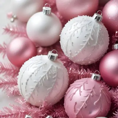 A Close Up Image Of Various Pink And White Christmas Ornaments Or Decorations With Some Glitter Or Frost Like Textures Creating A Festive And Whimsical Holiday Scene 28 Fabd