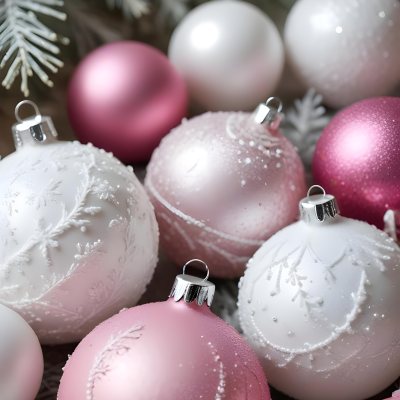 A Close Up Image Of Various Pink And White Christmas Ornaments Or Decorations With Some Glitter Or Frost Like Textures Creating A Festive And Whimsical Holiday Scene 29 C173