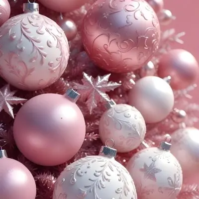 A Close Up Image Of Various Pink And White Christmas Ornaments Or Decorations With Some Glitter Or Frost Like Textures Creating A Festive And Whimsical Holiday Scene 3 7a7a