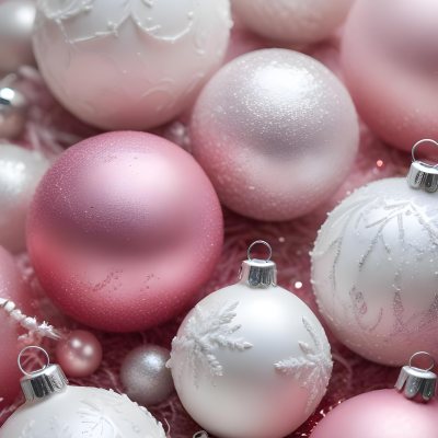 A Close Up Image Of Various Pink And White Christmas Ornaments Or Decorations With Some Glitter Or Frost Like Textures Creating A Festive And Whimsical Holiday Scene 30 2a1e