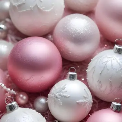 A Close Up Image Of Various Pink And White Christmas Ornaments Or Decorations With Some Glitter Or Frost Like Textures Creating A Festive And Whimsical Holiday Scene 30 2a1e
