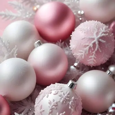 A Close Up Image Of Various Pink And White Christmas Ornaments Or Decorations With Some Glitter Or Frost Like Textures Creating A Festive And Whimsical Holiday Scene 31 6bbd