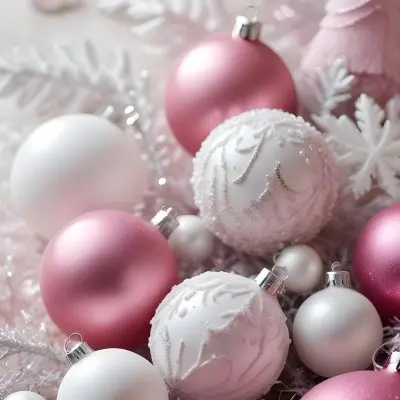 A Close Up Image Of Various Pink And White Christmas Ornaments Or Decorations With Some Glitter Or Frost Like Textures Creating A Festive And Whimsical Holiday Scene 32 B33e