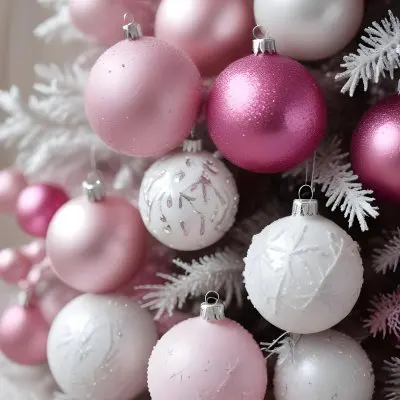 A Close Up Image Of Various Pink And White Christmas Ornaments Or Decorations With Some Glitter Or Frost Like Textures Creating A Festive And Whimsical Holiday Scene 33 93ca
