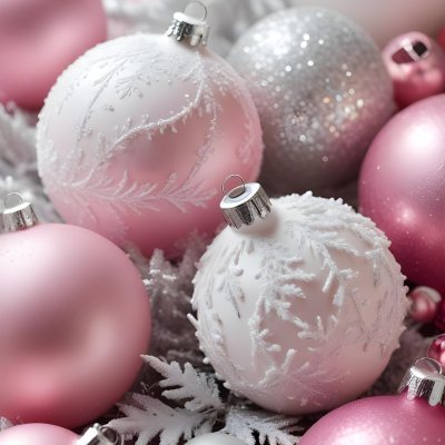 A Close Up Image Of Various Pink And White Christmas Ornaments Or Decorations With Some Glitter Or Frost Like Textures Creating A Festive And Whimsical Holiday Scene 34 7e5c