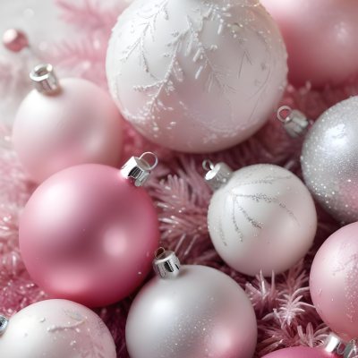 A Close Up Image Of Various Pink And White Christmas Ornaments Or Decorations With Some Glitter Or Frost Like Textures Creating A Festive And Whimsical Holiday Scene 37 2846