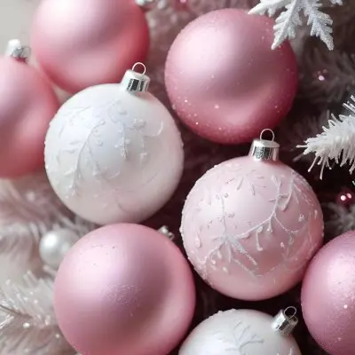 A Close Up Image Of Various Pink And White Christmas Ornaments Or Decorations With Some Glitter Or Frost Like Textures Creating A Festive And Whimsical Holiday Scene 38 4965