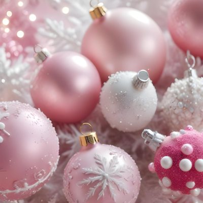 A Close Up Image Of Various Pink And White Christmas Ornaments Or Decorations With Some Glitter Or Frost Like Textures Creating A Festive And Whimsical Holiday Scene 39 B82d