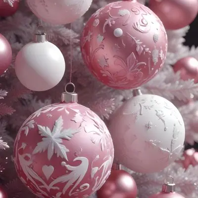 A Close Up Image Of Various Pink And White Christmas Ornaments Or Decorations With Some Glitter Or Frost Like Textures Creating A Festive And Whimsical Holiday Scene 4 04c6