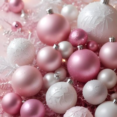 A Close Up Image Of Various Pink And White Christmas Ornaments Or Decorations With Some Glitter Or Frost Like Textures Creating A Festive And Whimsical Holiday Scene 42 5664