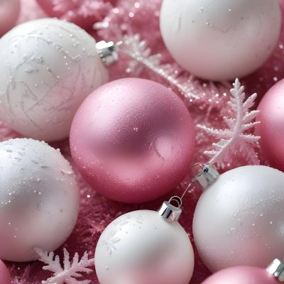 A Close Up Image Of Various Pink And White Christmas Ornaments Or Decorations With Some Glitter Or Frost Like Textures Creating A Festive And Whimsical Holiday Scene 43 Fc9e