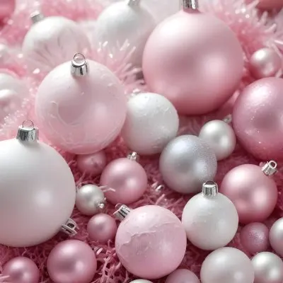 A Close Up Image Of Various Pink And White Christmas Ornaments Or Decorations With Some Glitter Or Frost Like Textures Creating A Festive And Whimsical Holiday Scene 44 8794